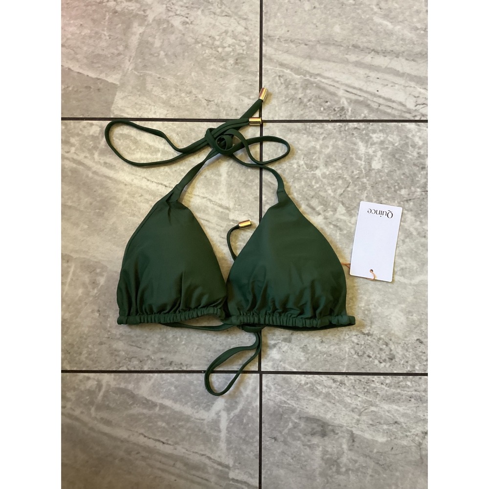 Quince Recycled Triangle Bikini Top Forest Green Gold Hardware NWT Large